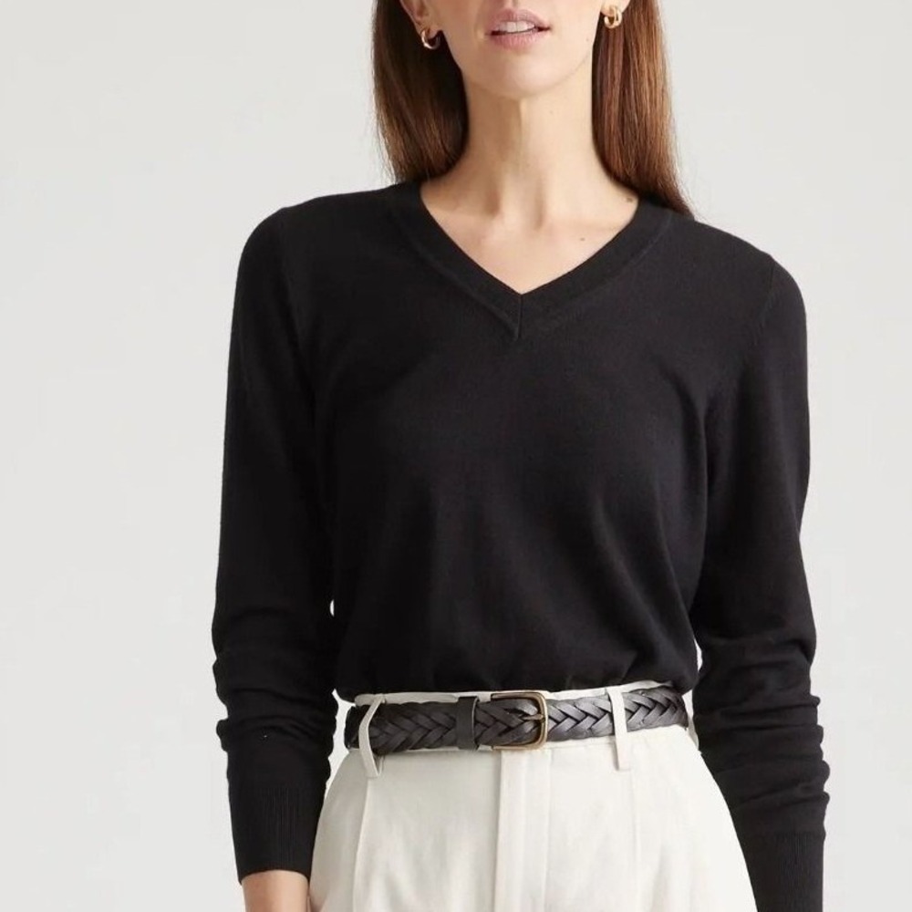 Quince Womens M Cotton Cashmere V-Neck Sweater Black Lightweight Minimal